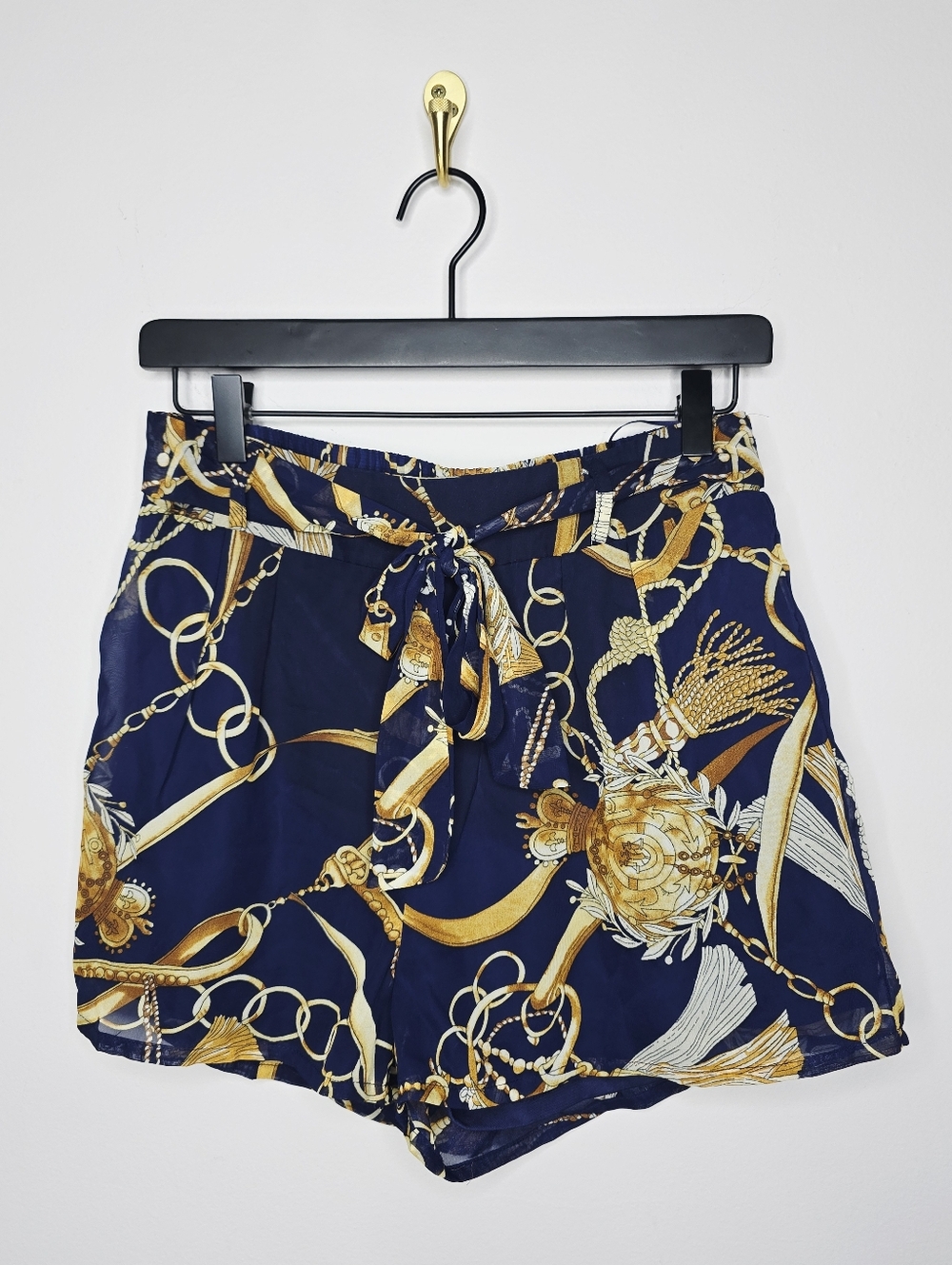 Fashion Nova Navy Shorts with Gold Nautical Chain Pattern Size Medium